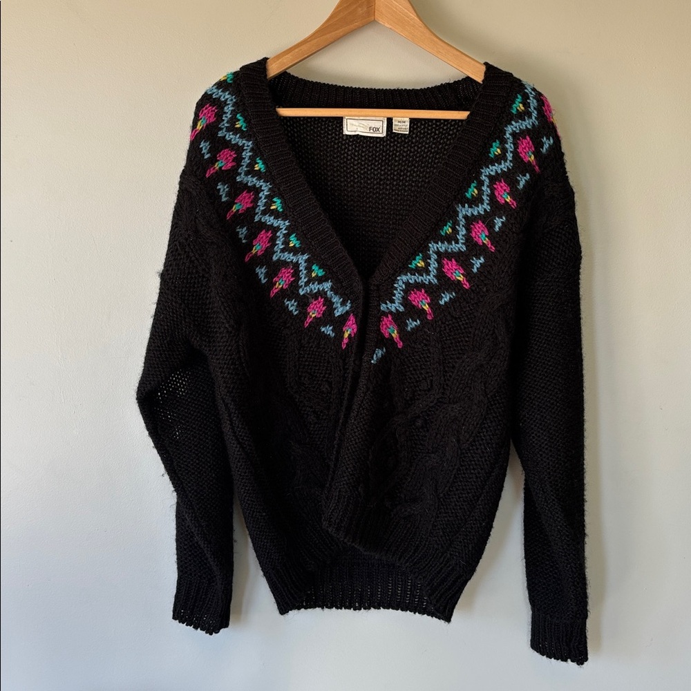 Vintage Fox Knit V-Neck Sweater Black Multicolor Oversized Layering